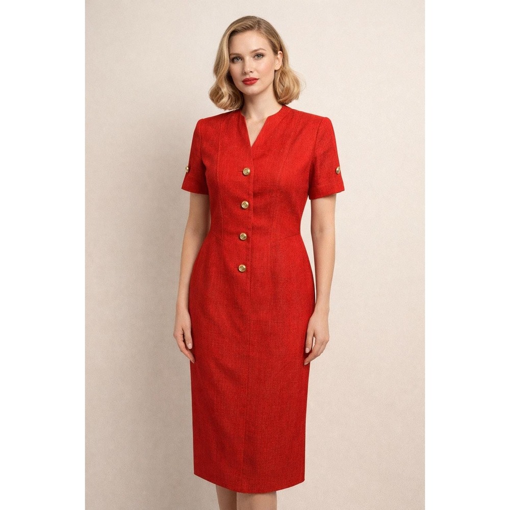 Vintage Oleg Cassini Red Button Front Sheath Dress Short Sleeve‎ 80s Power Midi